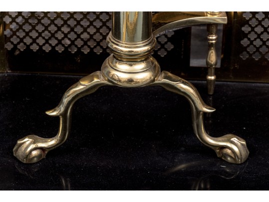 Brass Fireplace Lot Including Fender, Spark Screen, And Pair Of Andirons