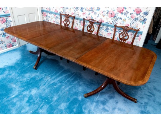 Twin Pedestal Banded Mahogany Extension Dining Table