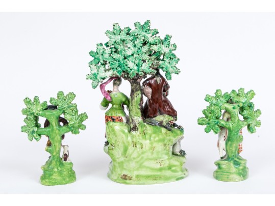 Three Piece English Staffordshire Hand-painted Pottery Figural Garniture Sculptures