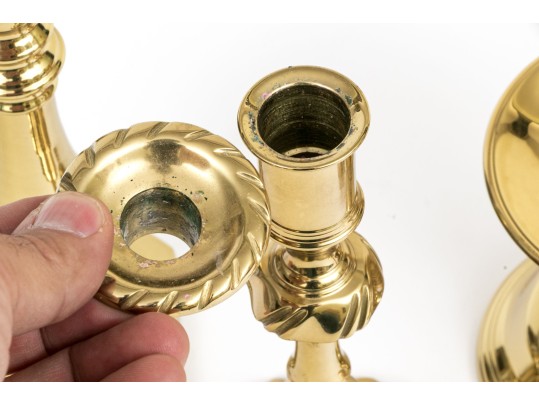 Quality Collection Of Five Brass Candlesticks, Including Two Pairs