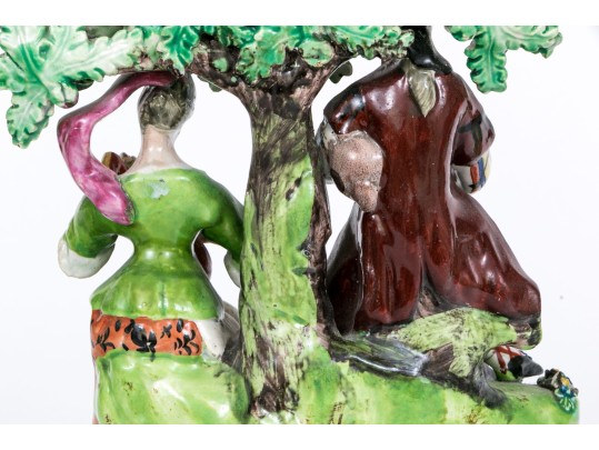 Three Piece English Staffordshire Hand-painted Pottery Figural Garniture Sculptures