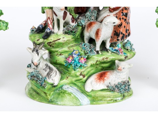 Three Piece English Staffordshire Hand-painted Pottery Figural Garniture Sculptures