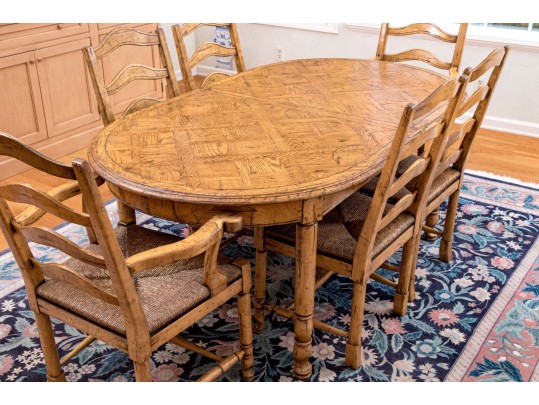 French Country Parquetry Dining Table And Ladderback Chairs, Probably Bausman Or Guy Chaddock