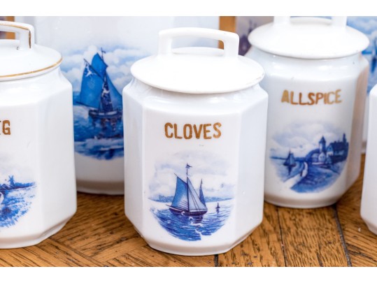 Collection Of Nine German Lidded Blue And White And Gilt Finished Ceramic Storage Vessels