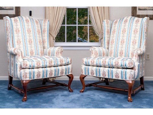 Pair Of Custom Upholstered Wingback Queen Anne Style Armchairs