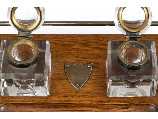Antique Inkwell On Stand With Two Bottles