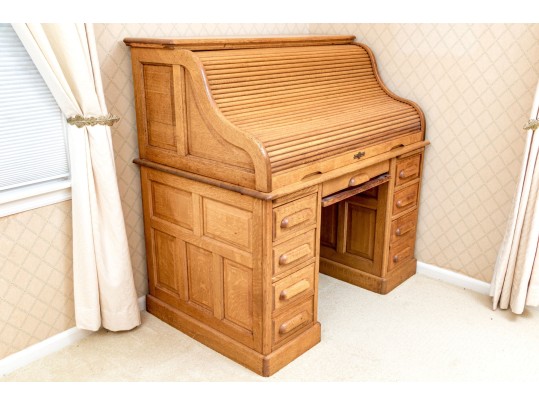 Antique Oak Secretary Desk With Tambour Top