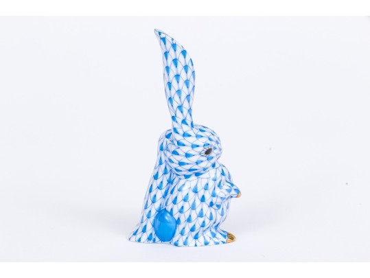 Herend Hand-Painted Porcelain Bunny Rabbit With Blue Fishnet 