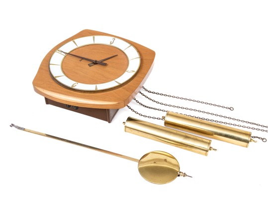 Mid-Century German Kienzle Teak Mechanical Wall Clock With Pendulum And Weights