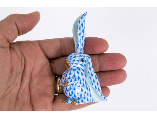 Herend Hand-Painted Porcelain Bunny Rabbit With Blue Fishnet 