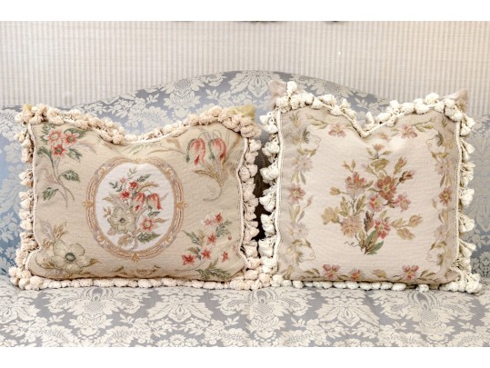 Set Of Two Needlepoint Upholstered Accent Pillows With Tassels