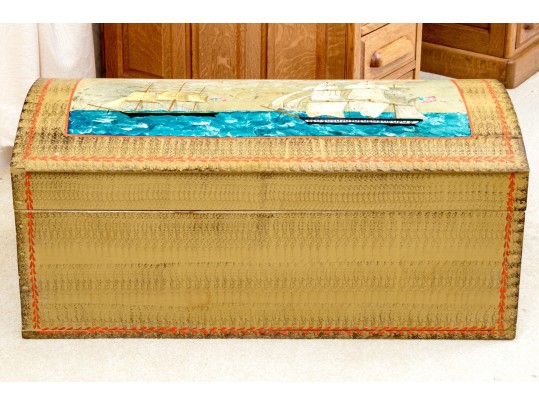 Antique Dome Top Nautical Themed Hand Painted Trunk