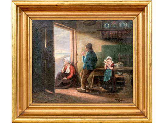 F. Robin Oil On Canvas Genre Scene Of Figures In Interior