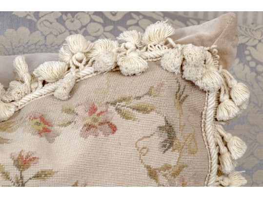 Set Of Two Needlepoint Upholstered Accent Pillows With Tassels