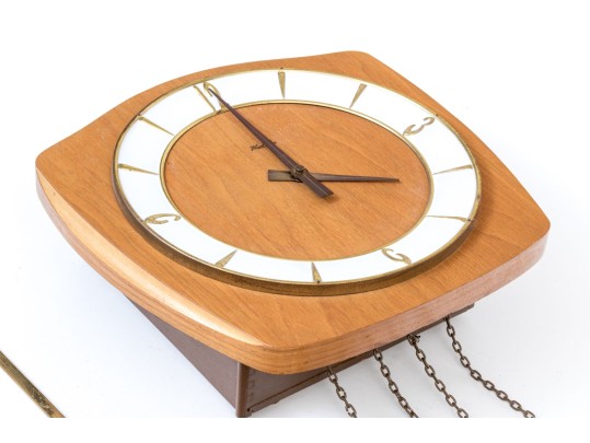 Mid-Century German Kienzle Teak Mechanical Wall Clock With Pendulum And Weights