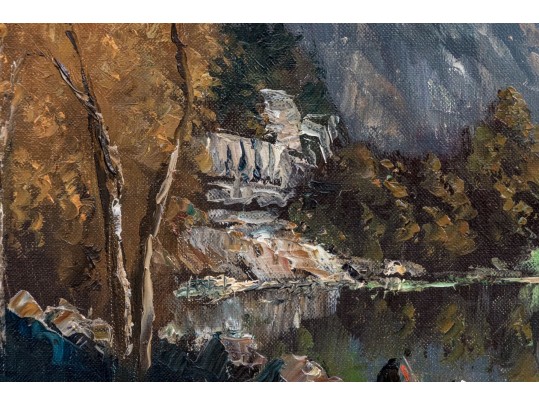 Signed S. Michel Oil On Canvas, Lakeside View Of Chillon Castle, Switzerland