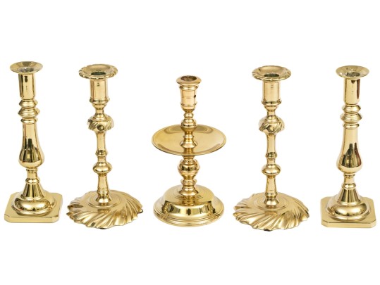 Quality Collection Of Five Brass Candlesticks, Including Two Pairs