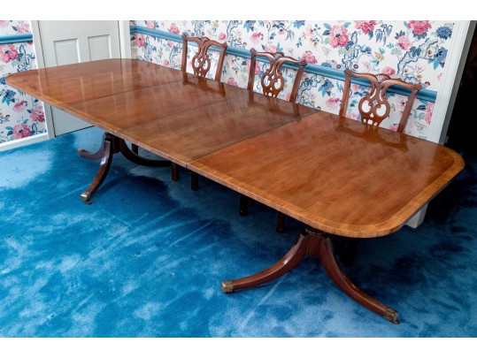 Twin Pedestal Banded Mahogany Extension Dining Table