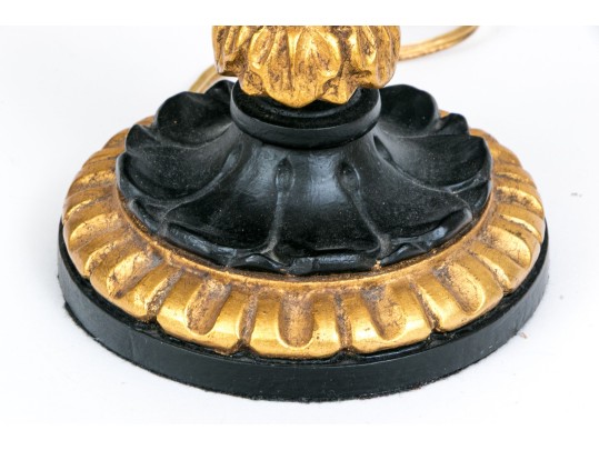 Pair Of Ebonized And Gilt Candlestick Form Table Lamps