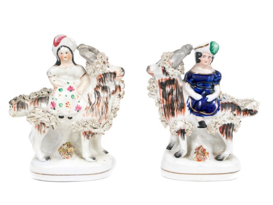 Two English Staffordshire Ceramic Fairings Of Ladies On Goats