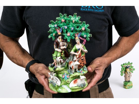 Three Piece English Staffordshire Hand-painted Pottery Figural Garniture Sculptures