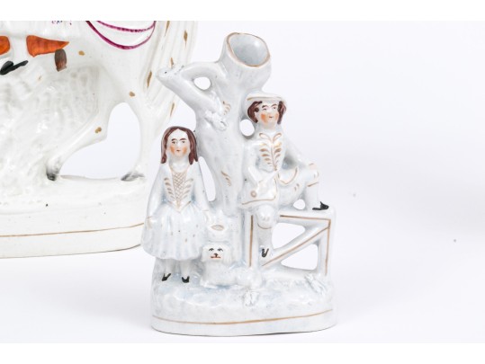 Collection Of Three English Staffordshire Hand-Painted Spill Vases With Larger Sculpture