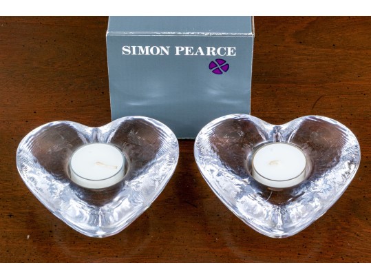 Gorgeous Pair Of Simon Pearce Heart Form Glass Votive Holders