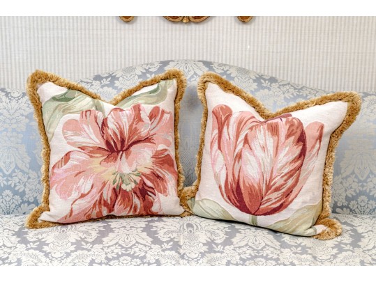 Set Of Two Needlepoint Upholstered Accent Pillows With Tassels