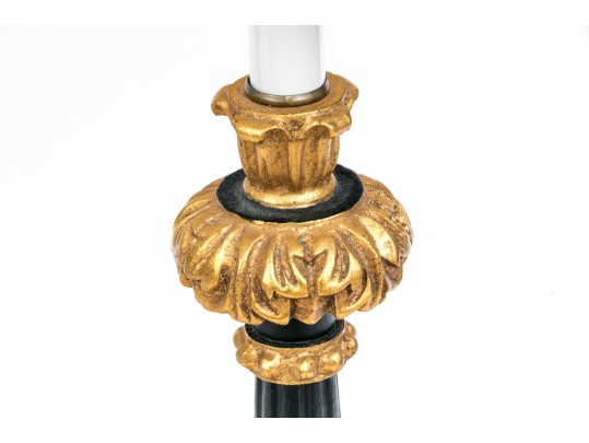 Pair Of Ebonized And Gilt Candlestick Form Table Lamps