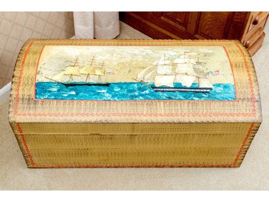 Antique Dome Top Nautical Themed Hand Painted Trunk
