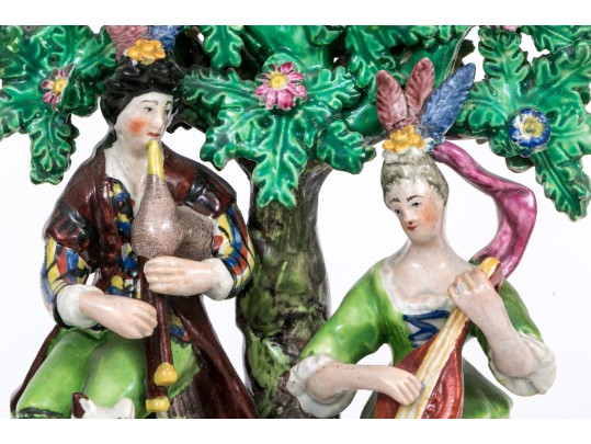 Three Piece English Staffordshire Hand-painted Pottery Figural Garniture Sculptures