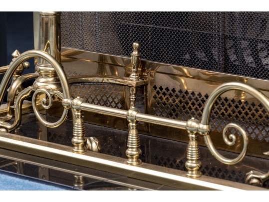 Brass Fireplace Lot Including Fender, Spark Screen, And Pair Of Andirons