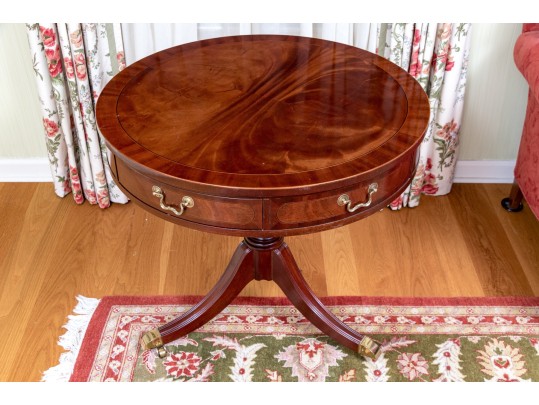 Baker Furniture Banded Flame Mahogany Pedestal Drum Table