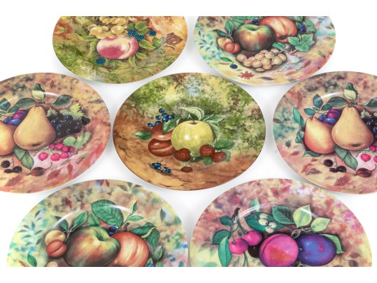 Set Of Seven Email De Limoges Porcelain Fruit Plates