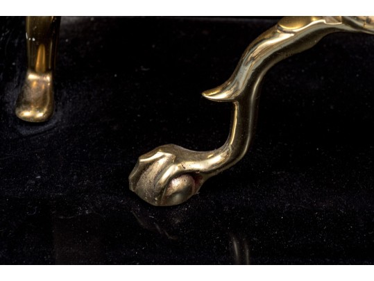 Brass Fireplace Lot Including Fender, Spark Screen, And Pair Of Andirons