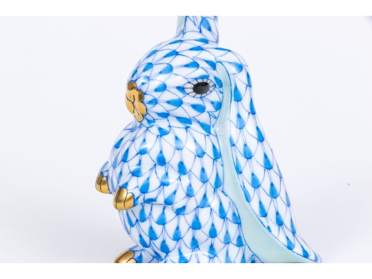 Herend Hand-Painted Porcelain Bunny Rabbit With Blue Fishnet 
