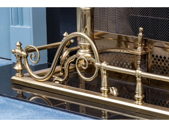 Brass Fireplace Lot Including Fender, Spark Screen, And Pair Of Andirons