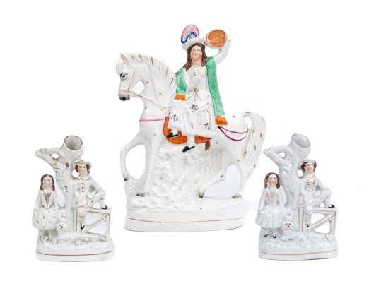 Collection Of Three English Staffordshire Hand-Painted Spill Vases With Larger Sculpture