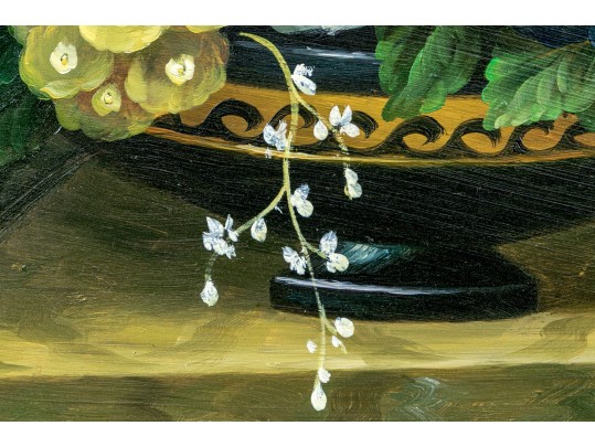 Oil On Board, Still Life With Flowers In Black Footed Bowl