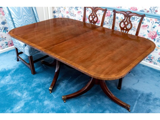 Twin Pedestal Banded Mahogany Extension Dining Table