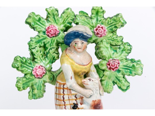 Three Piece English Staffordshire Hand-painted Pottery Figural Garniture Sculptures