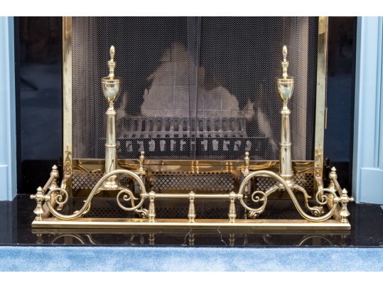 Brass Fireplace Lot Including Fender, Spark Screen, And Pair Of Andirons