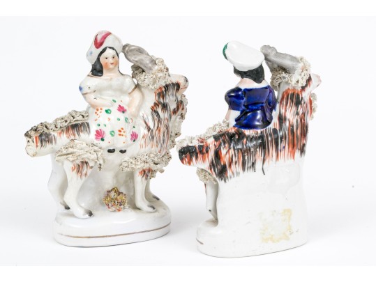 Two English Staffordshire Ceramic Fairings Of Ladies On Goats