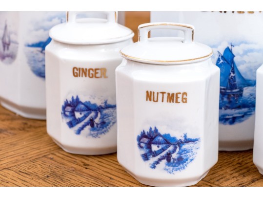 Collection Of Nine German Lidded Blue And White And Gilt Finished Ceramic Storage Vessels