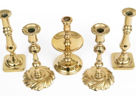 Quality Collection Of Five Brass Candlesticks, Including Two Pairs