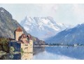 Signed S. Michel Oil On Canvas, Lakeside View Of Chillon Castle, Switzerland