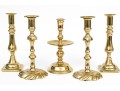 Quality Collection Of Five Brass Candlesticks, Including Two Pairs