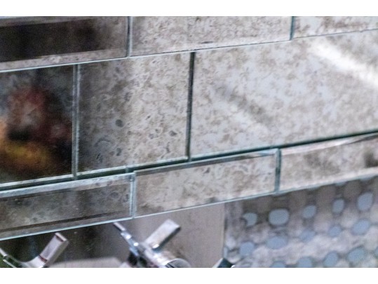 Antiqued Mirror-Tiled Geometric Patterned Framed Wall Mirror