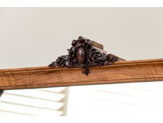 Chevel Mirror In Carved Fruitwood With Finials & Crest
