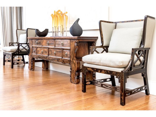 Custom Upholstered Chinoiserie Wing Chairs